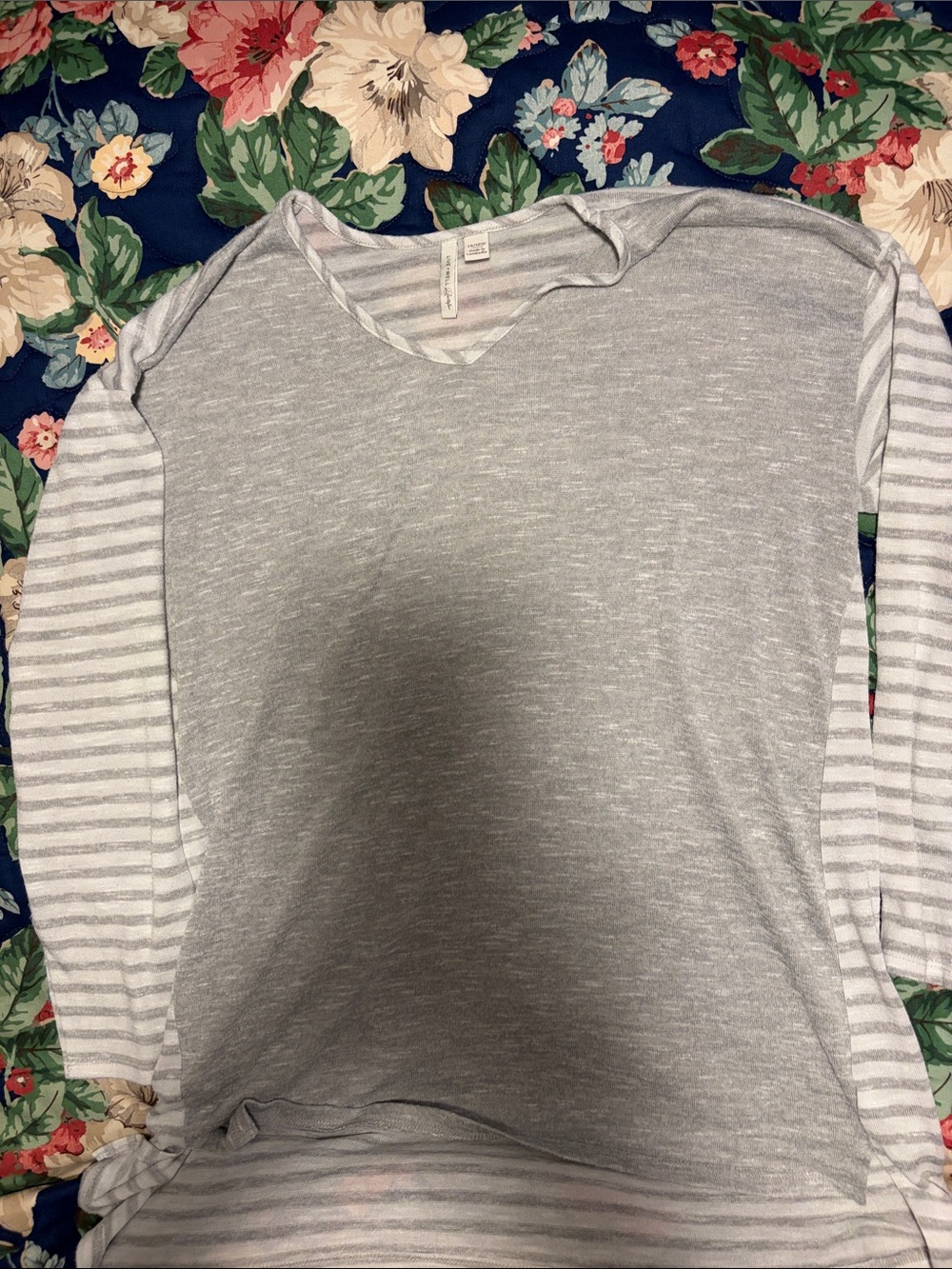Cato Heather Gray Long-Sleeve Top with Striped Sleeves
